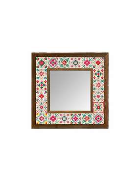 Настенное зеркало 33x33 с каменной мозаикой бело-розового цвета
