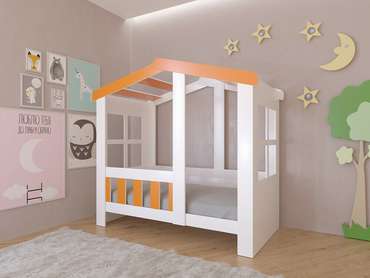 Кроватка Астра Домик 80х160 бело-оранжевого цвета 