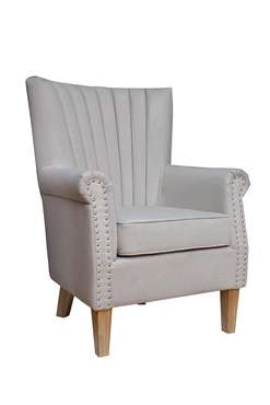 Кресло серое мягкое из ткани серого цвета и натурального дерева