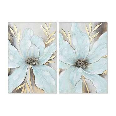 Картина Синий Позолоченный Полотно Деревянный MDF Цветок Shabby Chic 60 x 3 x 90 cm (2 штук)