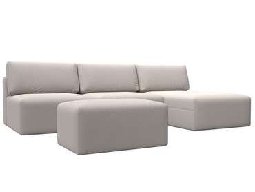 Угловой модульный диван-кровать с пуфом Лига-060 Лонг светло-бежевого цвета (замша)