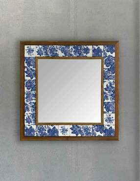 Настенное зеркало 43x43 с каменной мозаикой бело-синего цвета