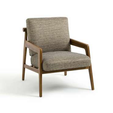 Кресло винтажное из ткани меланж и дуба Vinato коричневого цвета