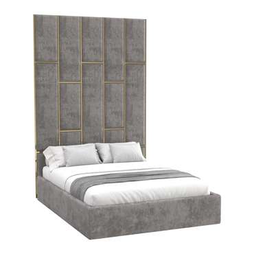 Кровать Leila 160х200 светло-серого цвета с золотыми молдингами и подъемным механизмом 