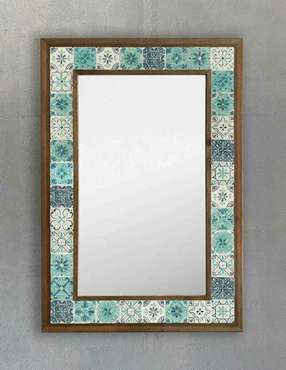 Настенное зеркало 43х63 с каменной мозаикой бело-бирюзового цвета