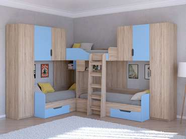 Двухъярусная кровать Трио 3 80х190 цвета Дуб Сонома-голубой