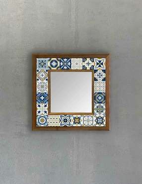 Настенное зеркало 33х33 с каменной мозаикой сине-белого цвета