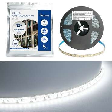 Светодиодная LED лента 180SMD(2835)/m 17W/m 12V 6500К IP65 Feron LS626 51640