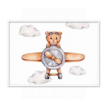 Постер на холсте в рамке Медвеженок на самолете 30х40 см