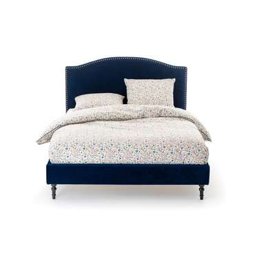 Кровать из велюра с отделкой заклепками с кроватным основанием Andante 140x190 синего цвета