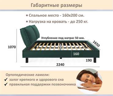 Мягкая кровать Bali 160х200 зеленого цвета без подъемного механизма