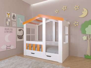 Кроватка Астра Домик 80х160 бело-оранжевого цвета