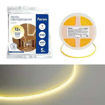 Светодиодная COB лента 400SMD(2110) 7Вт/м 12V 3000K Feron LS630 48947