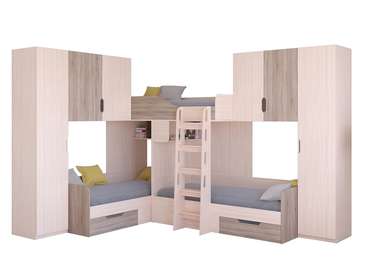 Двухъярусная кровать Трио 3 80х190 цвета Дуб молочный-Дуб Сонома