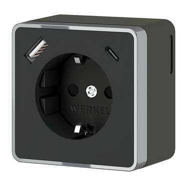 Розетка с заземлением, шторками и USB тип A+C Gallant чёрный хром W5071735 Накладные механизмы Gallant черный/хром