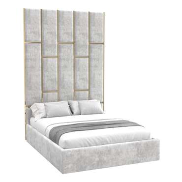 Кровать Leila 160х200 светло-серого цвета с золотыми молдингами и подъемным механизмом 
