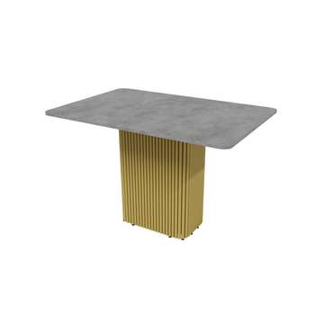 Раздвижной обеденный стол прямоугольный Trubis R Max 140 с металлическим золотым подстольем и столешницей цвета бетон