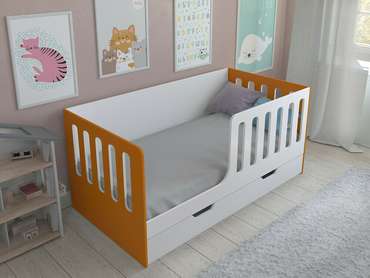 Кроватка Астра 12 80x160 бело-оранжевого цвета с выдвижным ящиком 