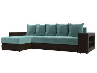 Угловой диван-кровать Дубай бирюзово-коричневого цвета (ткань/экокожа) левый угол