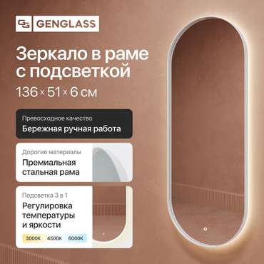 Овальное настенное зеркало Nolvis M LED c контурной подсветкой в раме белого цвета и сенсорной кнопкой