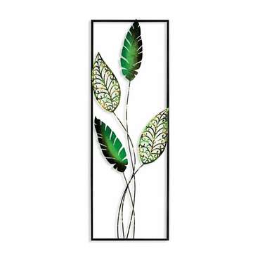 Настенный декор ручной работы Листья 32х90 из металла зелено-черного цвета