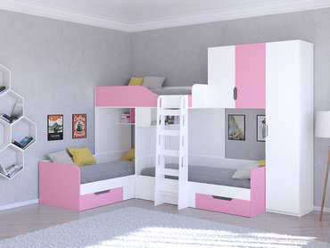 Двухъярусная кровать Трио 2 80х190 бело-розового цвета