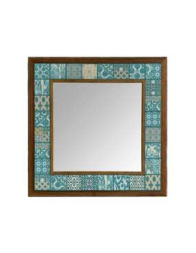 Настенное зеркало 43x43 с каменной мозаикой бирюзово-бежевого цвета