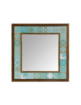 Настенное зеркало 43x43 с каменной мозаикой бирюзово-белого цвета