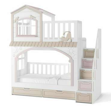 Кровать Кошкин дом 90х180 бело-розового цвета с лестницей справа