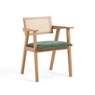 Кресло винтажное из бука и плетения Baldo бежево-зеленого цвета