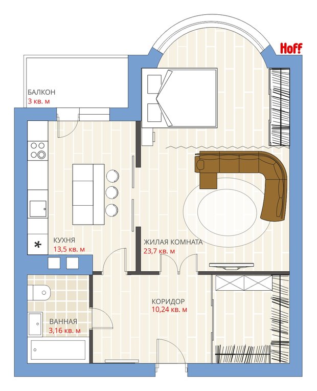 Фотография:  в стиле , Квартира, Планировки, HOFF, Перепланировка, HOFF, И-155МК, Анастасия Киселева, И-155Б, Панельный дом, И-155, 1 комната, 40-60 метров, И-155Н – фото на INMYROOM