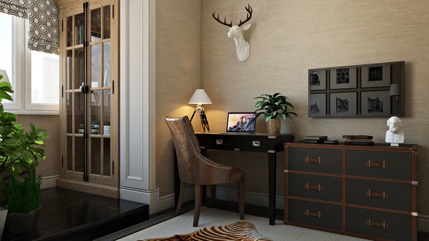 Фотография:  в стиле , Кабинет, Современный, Eichholtz, Restoration Hardware, Проект недели, Москва, Бежевый, Серый, Инна Усубян, как обустроить домашний офис, Jim Thompson, Decolabs, как оформить кабинет для мужчины, как присоединить балкон к комнате, дизайн домашнего офиса, Панельный дом – фото на INMYROOM