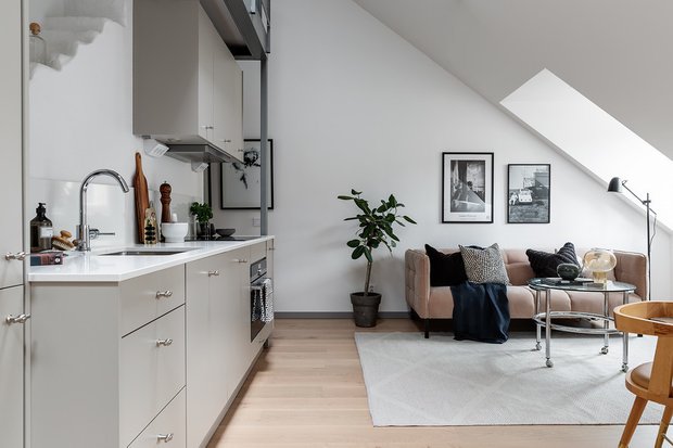 Фотография: Кухня и столовая в стиле Скандинавский, Гостиная, Кабинет, Декор интерьера, Квартира, Белый, Серый, 2 комнаты – фото на INMYROOM