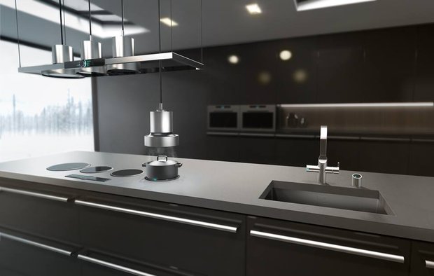 Индукционная плита Unito Cooker с вытяжкой, которая спускается к кастрюльке