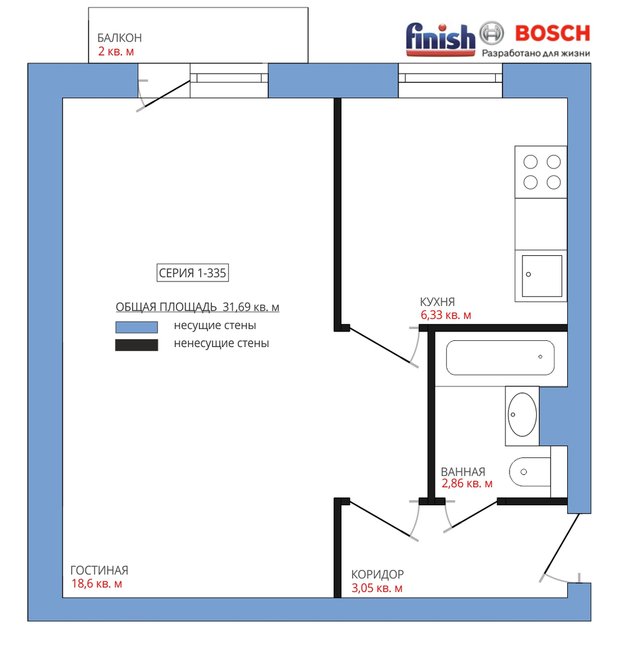Фотография:  в стиле , Кухня и столовая, Квартира, Планировки, BOSCH, Перепланировка, Анастасия Киселева, Максим Джураев, Панельный дом, Хрущевка, Finish, 1 комната, до 40 метров, I-335 – фото на INMYROOM