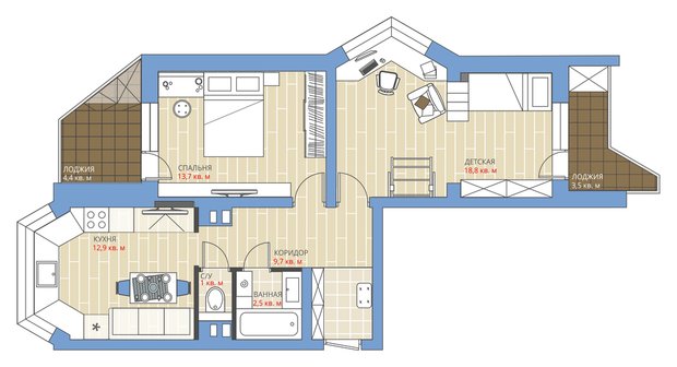Фотография: Планировки в стиле , Квартира, Перепланировка, Анастасия Киселева, Максим Джураев, П-44К, Панельный дом, 2 комнаты, 60-90 метров – фото на INMYROOM