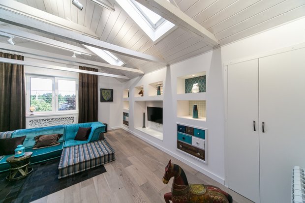 Фотография: Гостиная в стиле Прованс и Кантри, Скандинавский, Современный, Интерьер комнат, Дача, Дачный ответ, Мансарда – фото на INMYROOM