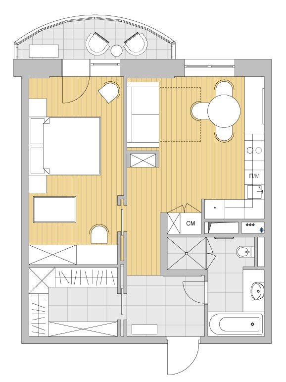 Фотография: Планировки в стиле , Перепланировка, как из однушки сделать трешку, Светлана Старцева, Massimos, однокомнатная квартира для семьи, как обустроить однокомнатную квартиру для пары с ребенком – фото на INMYROOM