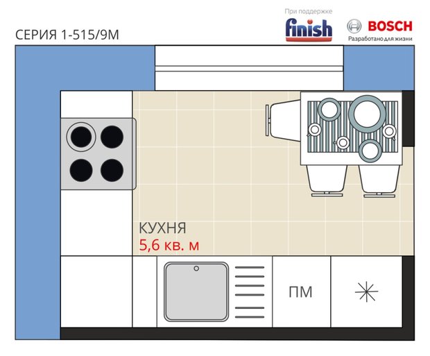 Фотография: Планировки в стиле , Кухня и столовая, Перепланировка, Анастасия Киселева, Панельный дом, Finish, 1-515/9м, Максим Джуреав – фото на INMYROOM