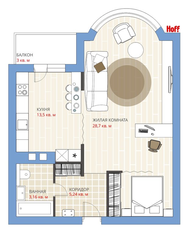 Фотография:  в стиле , Квартира, Планировки, HOFF, Перепланировка, HOFF, И-155МК, Анастасия Киселева, И-155Б, Панельный дом, И-155, 1 комната, 40-60 метров, И-155Н – фото на INMYROOM