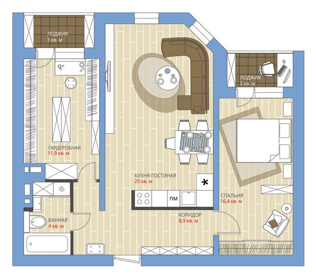 Фотография: Планировки в стиле , Квартира, Перепланировка, Анастасия Киселева, Максим Джураев, Панельный дом, 2 комнаты, 60-90 метров, П-55М – фото на INMYROOM