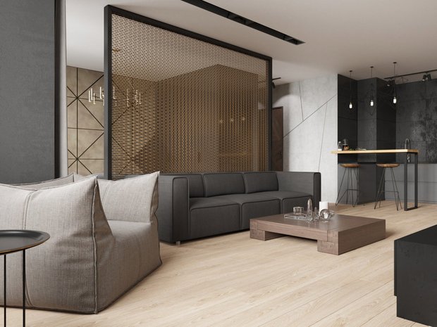 Фотография: Гостиная в стиле Современный, Перегородки, Гид, Koshka Interiors, перегородка из гипсокартона, Стеклянная перегородка, OM Design, Insomnia, CENS architects, студия «Энигма», Марина Светлова, Форма Дома, реечная перегородка в спальне – фото на INMYROOM