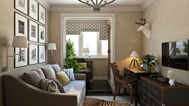 Фотография:  в стиле , Кабинет, Современный, Eichholtz, Restoration Hardware, Проект недели, Москва, Бежевый, Серый, Инна Усубян, как обустроить домашний офис, Jim Thompson, Decolabs, как оформить кабинет для мужчины, как присоединить балкон к комнате, дизайн домашнего офиса, Панельный дом – фото на INMYROOM