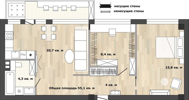 Фотография: Планировки в стиле , Кухня и столовая, Перепланировка, Анастасия Киселева, дом серии 1МГ-601 – фото на INMYROOM