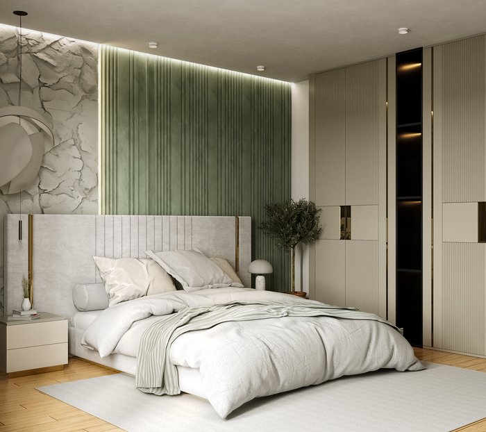 Кровать Prisma 160х200 светло-серого цвета с золотыми молдингами и подъемным механизмом - лучшие Кровати для спальни в INMYROOM