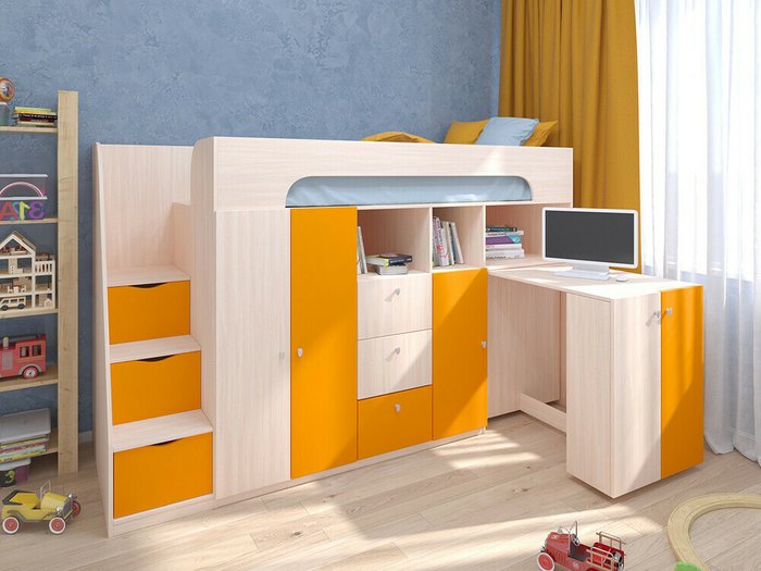 Кровать-чердак Астра 11 80х190 цвета Дуб молочный-оранжевый - купить Кровати-чердаки по цене 31000.0