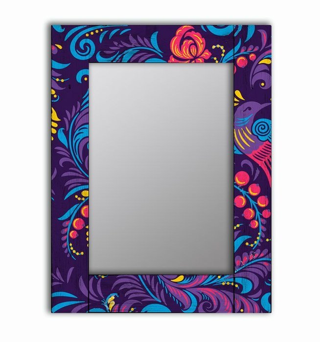 Дизайнерское зеркало Фиолетовая Жар-птица в раме из массива сосны 75х110