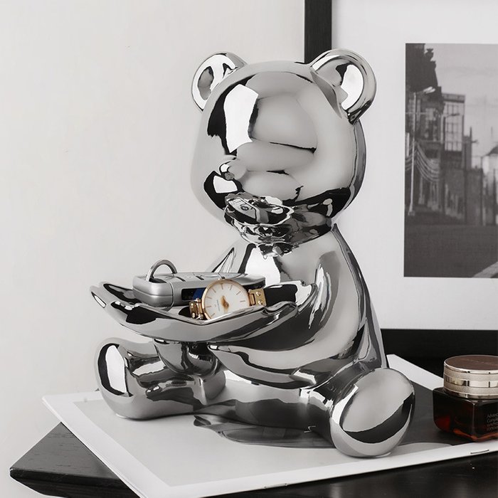 Статуэтка Медведь с подносом серебряного цвета - купить Фигуры и статуэтки по цене 9130.0