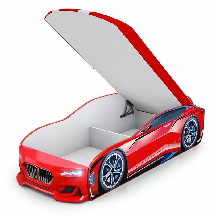 Кровать-машина Boxter-New 70х170 красного цвета с подсветкой фар  - купить Одноярусные кроватки по цене 17046.0