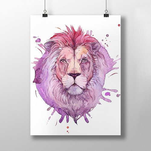 Постер Акварельный лев на акварельной бумаге